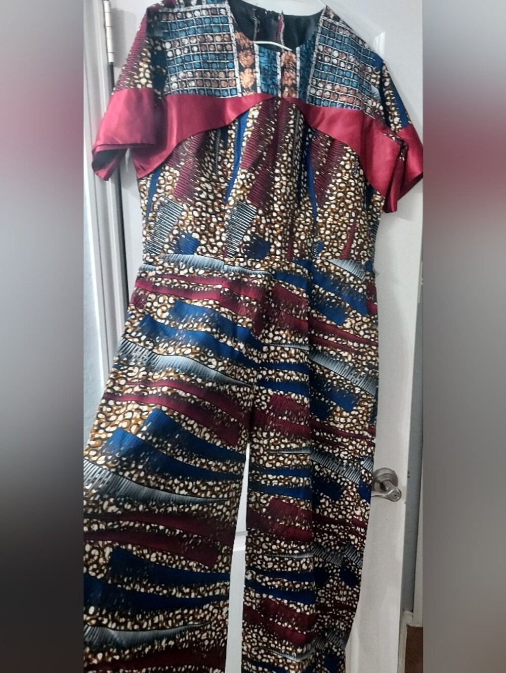 Ankara Women's Multicolor Printed Jumpsuit with Burgundy Trim